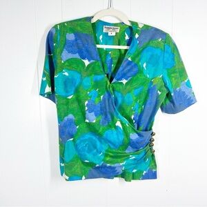 VTG Robert Janan Purple Green Floral Wrap Short Sleeve Top 8